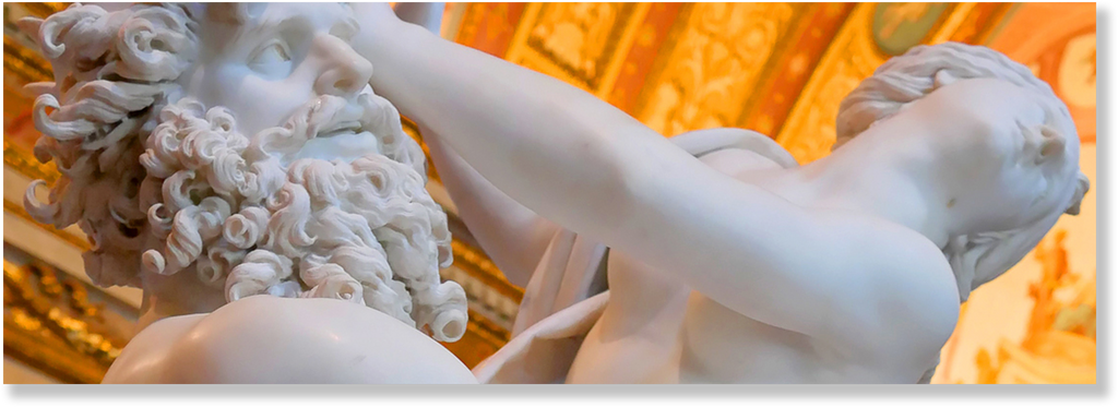 Close of sculpture, Rape of Proserpina." Proserpina is punching Pluto.