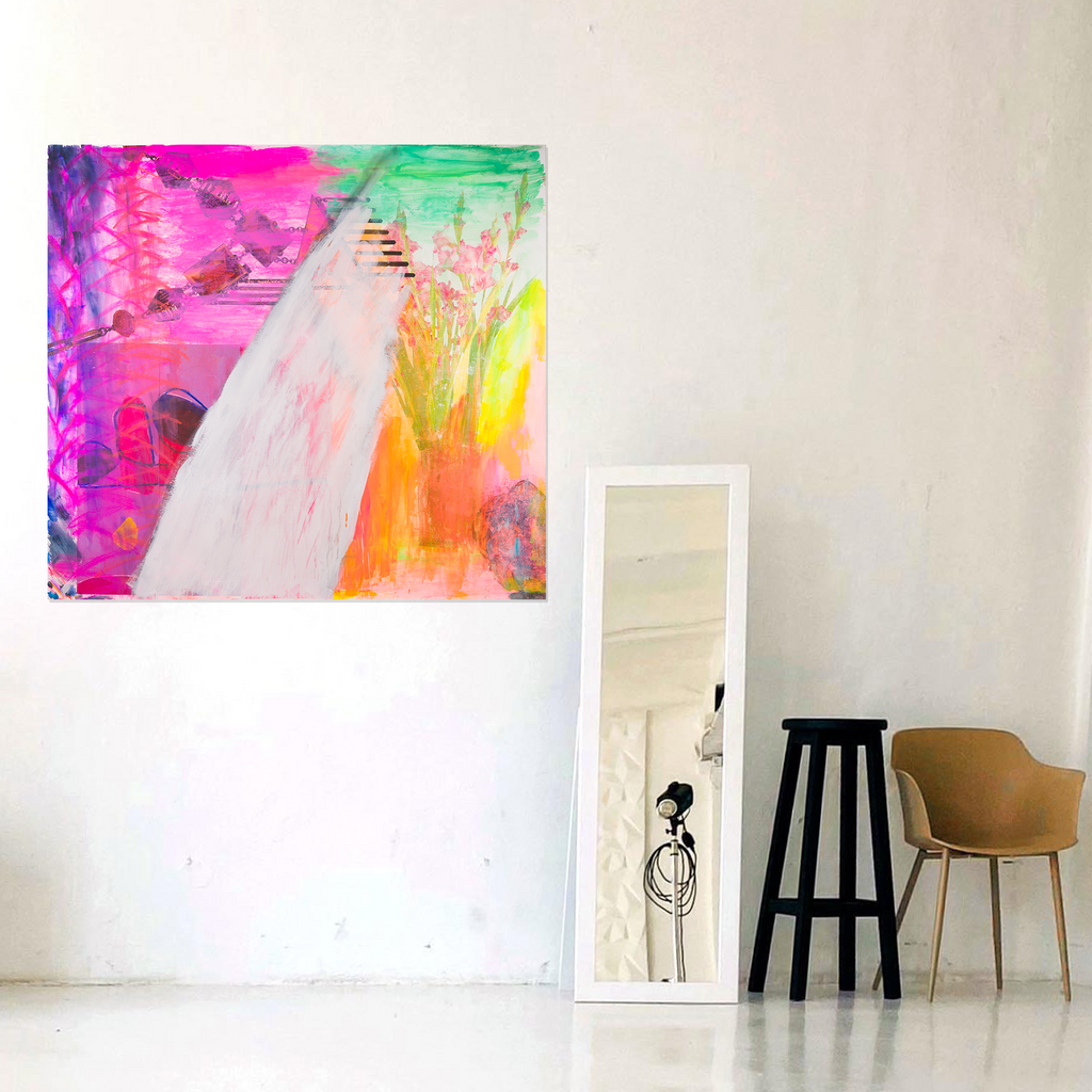 CONTEMPORARY PAINTING by ryan lutz this abstract, neon, pink, XL piece is called Oa, 2020 the price is 2000 usd pictured in warehouse