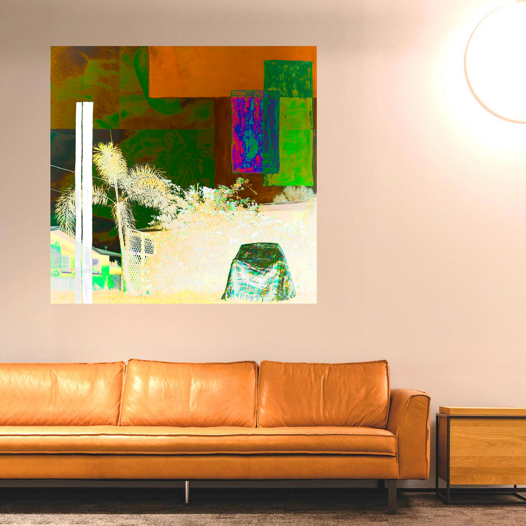 FINE ART PHOTOGRAPHY by ryan lutz this abstract, green piece is called alone electric, 2020 the price is 500 usd, brown leather sofa