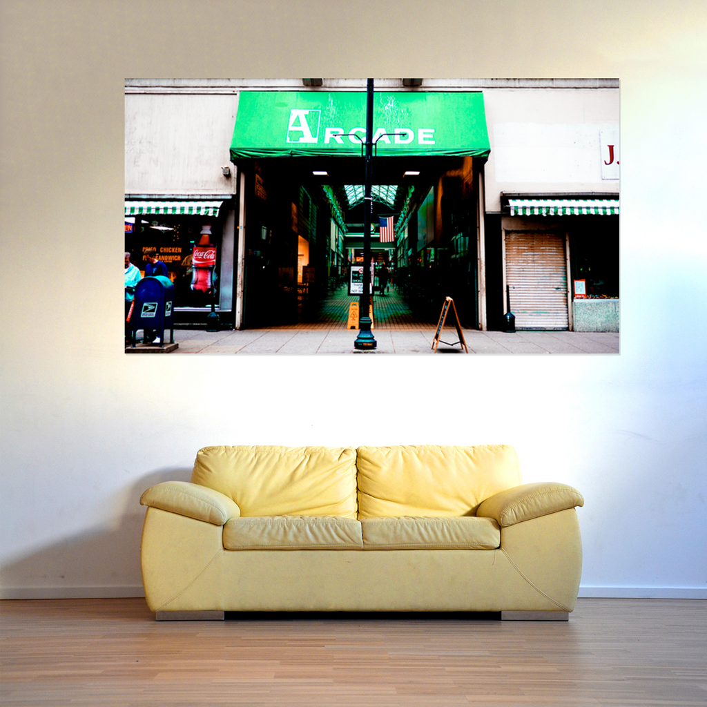 FINE ART PHOTOGRAPHY by ryan lutz this abstract, green piece is called arcade nashville green, 2020 the price is 500 usd, with leather yellow sofa